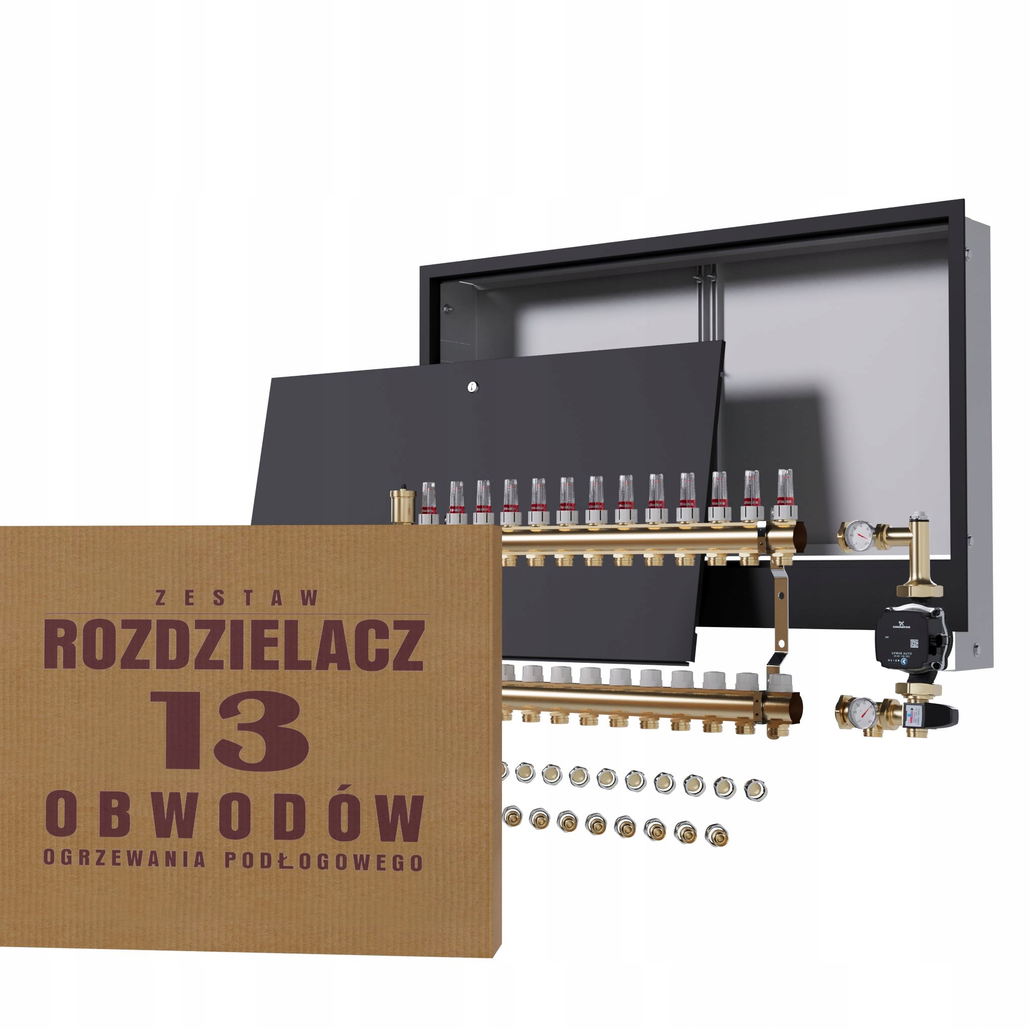 Rozdělovač pro podlahovku 13 čerpadlo Grundfos podomítková skříňka černá +pex