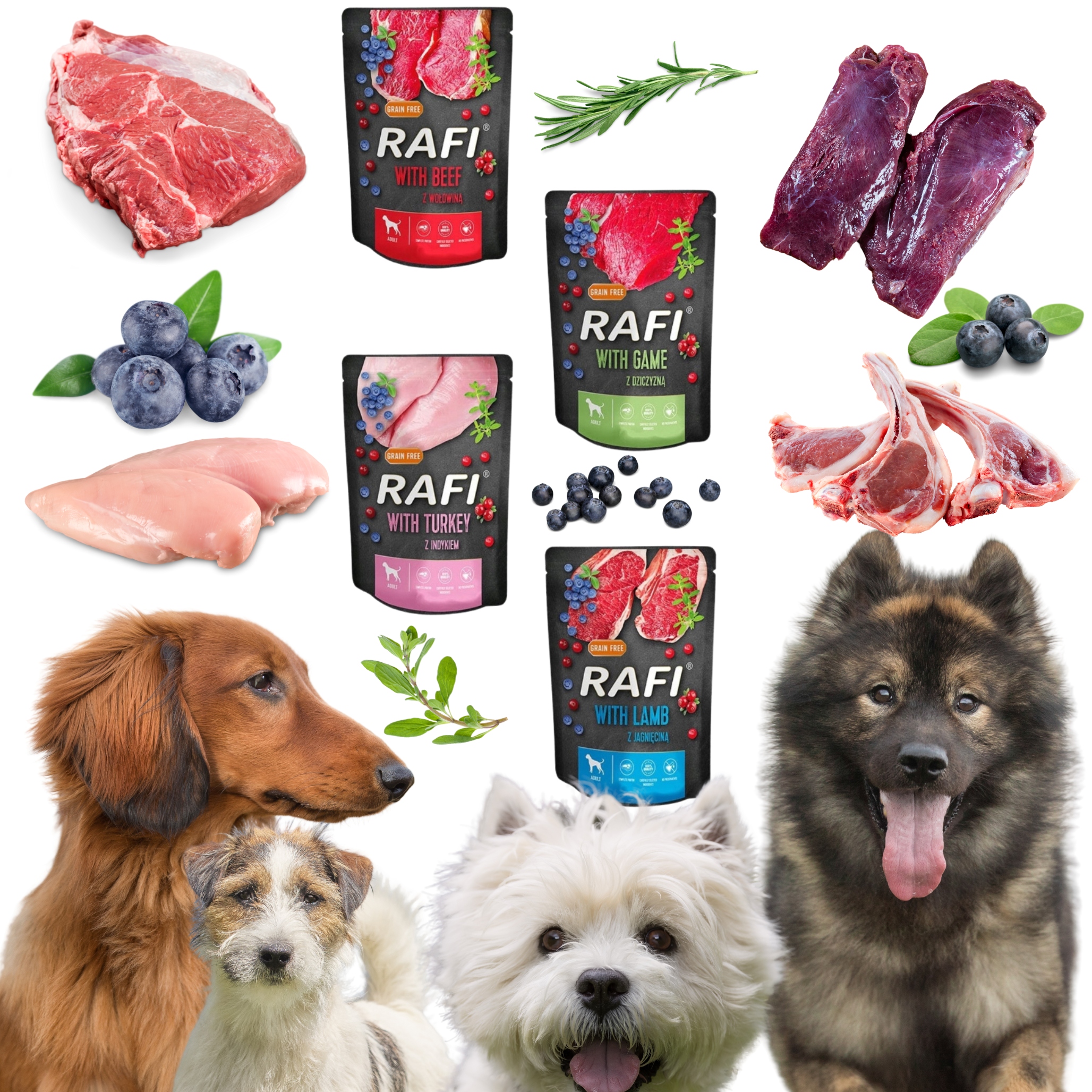 Levně Krmivo pro psa, masový sáček Rafi, vitamíny, mix 300 g, sada 45 kusů