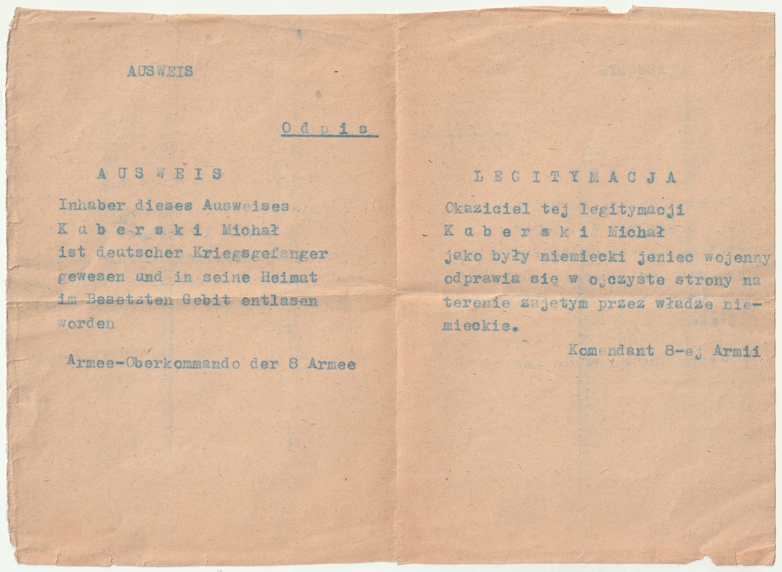 II WOJNA ŚWIATOWA. Odpis legitymacji jeńca zwolnionego z niewoli