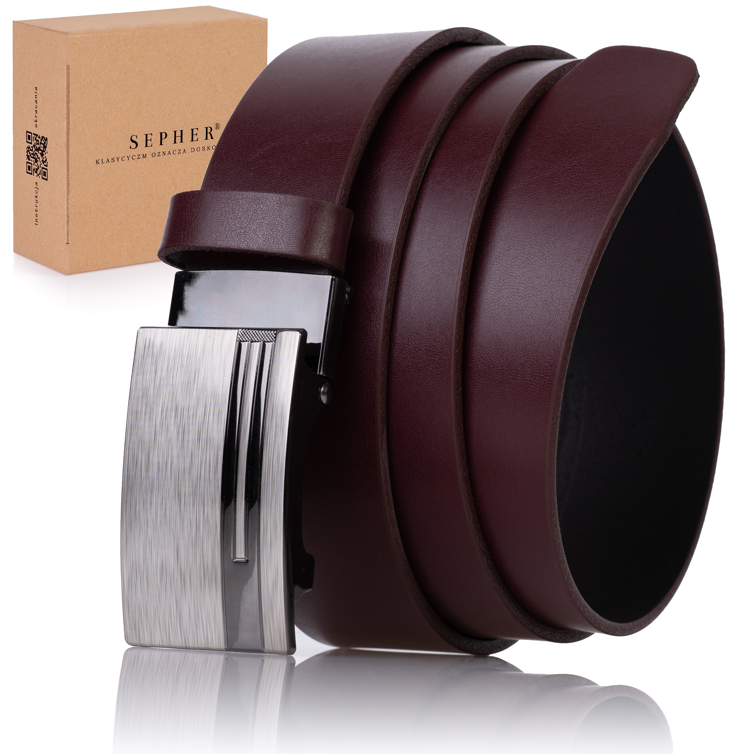 

Pasek Skórzany męski Klamra automat Bordowy spodni