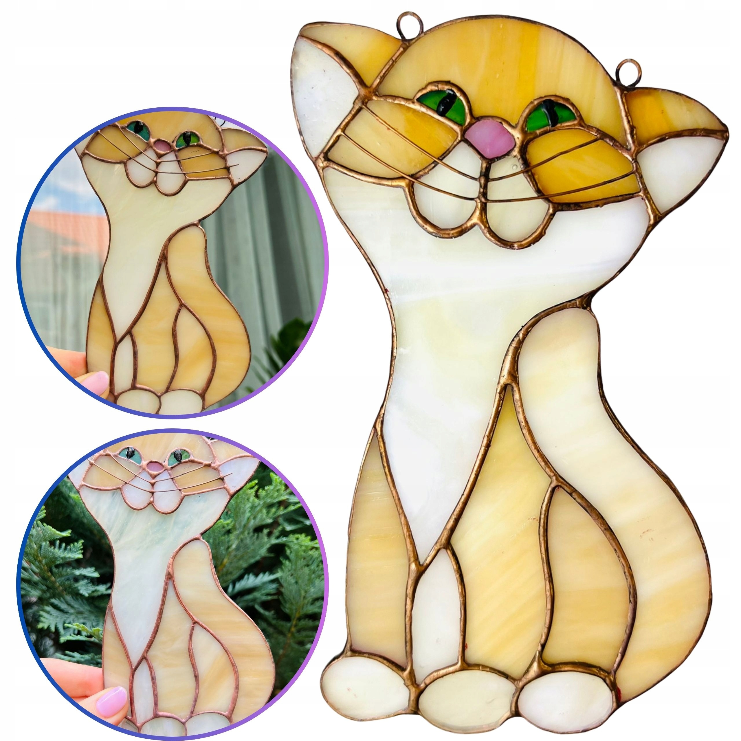 Rudá kočka vitrážová ozdoba na okno jako dárek skleněné řemeslo