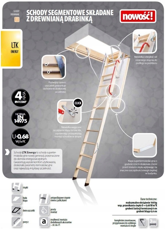 Schody strychowe FAKRO LTK Energy 55x120 do 2,8m Odległość między stopniami 25 cm