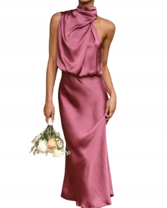 MD lekka zwiewna kobieca sukienka atłasowa satynowa Różowa M