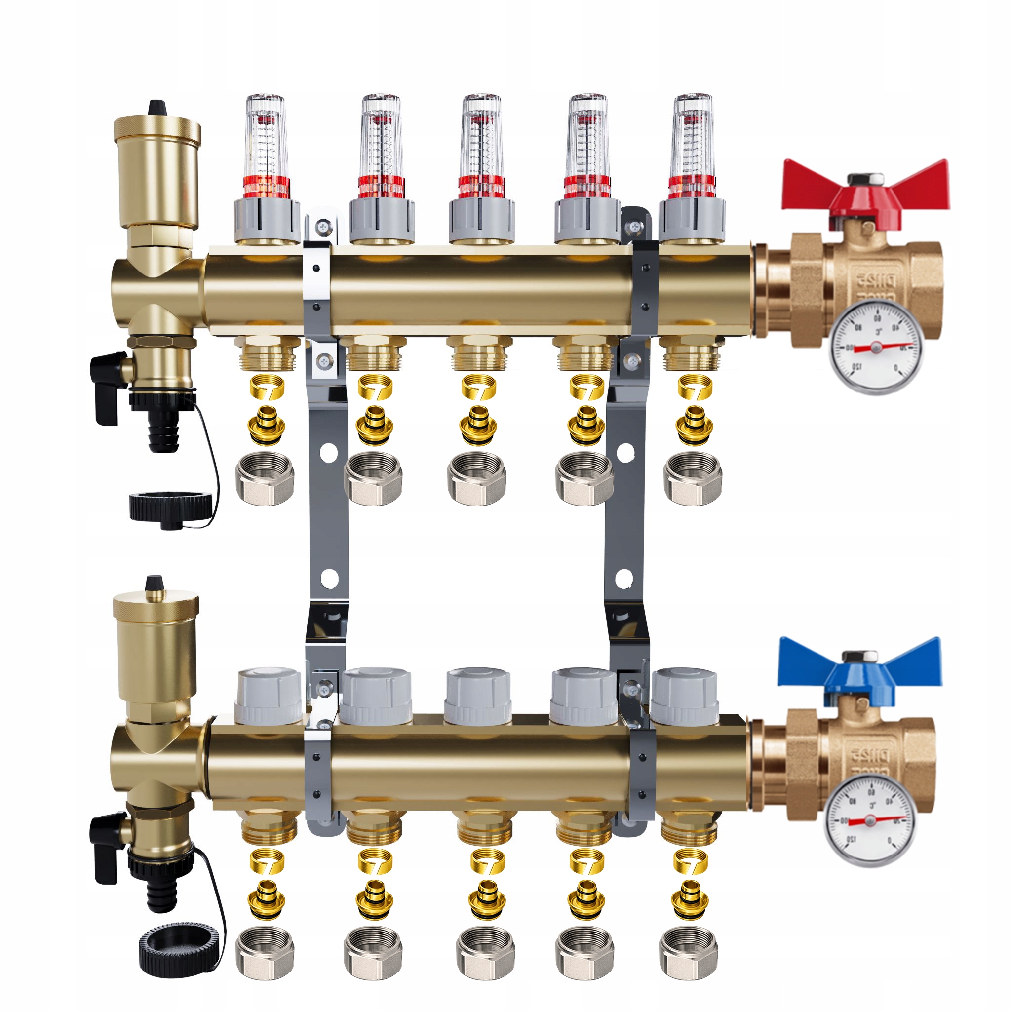 Rozdělovač Pro Podlahovku 5 Okruhů Jednoduchý Kulový Ventil Teploměr Pex