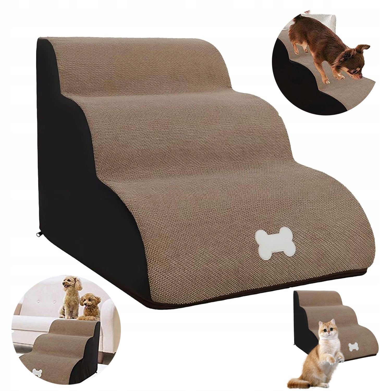 Schůdky pro psy a kočky – 3 schody pro snadný přístup, šířka 40 cm, jemná a stabilní rampa