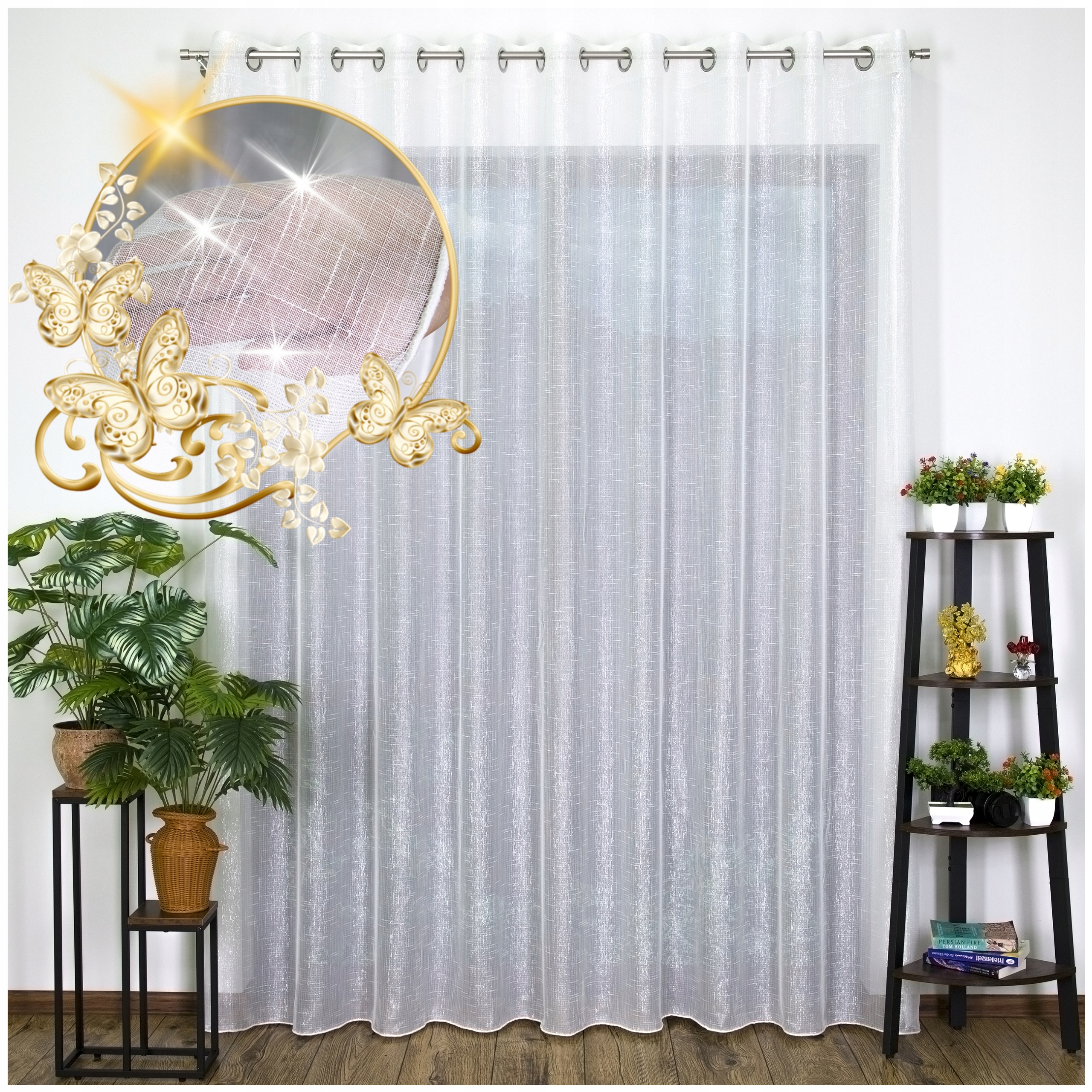 Hotová záclona batist, stříbrná nit, mráz, oka 250x160 cm, s olovem