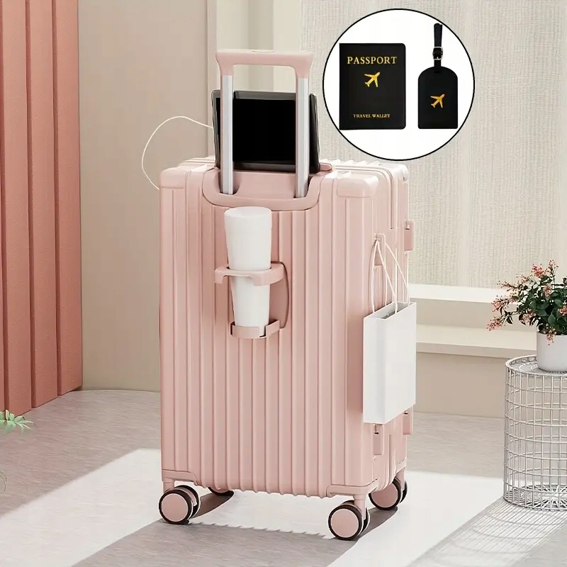 Piękna Walizka twarda kabinowa 35L Pudrowy Róż Różowa Uchwyt na Kubek
