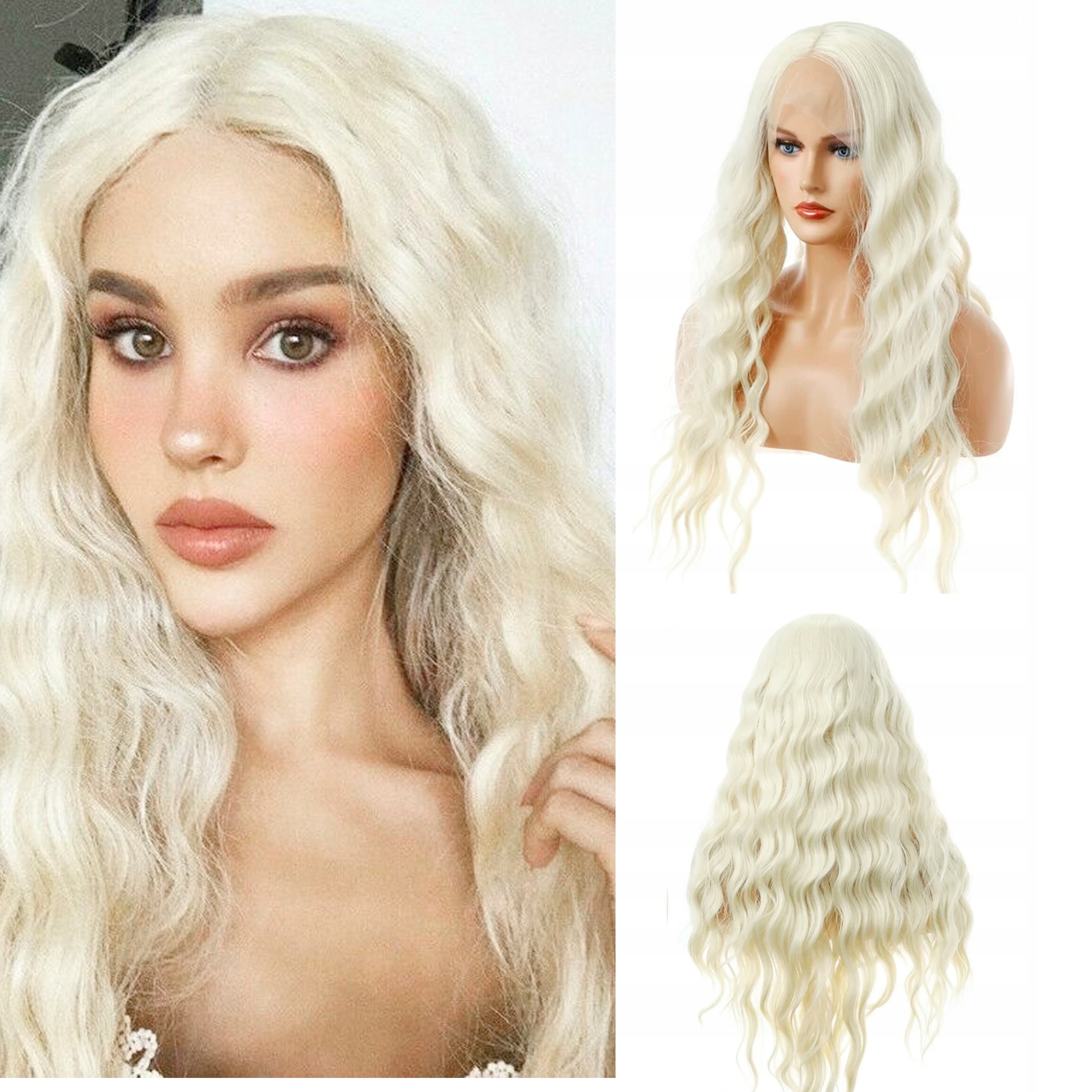 Paruka Lace Front jako přírodní syntetické vlasy bílá vlnitá dlouhá