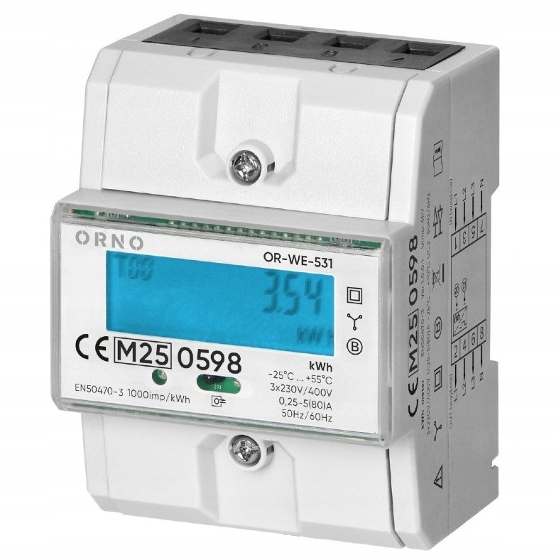 Orno 3-fázový elektroměr, 80A, MID, 4,3 moduly, Din TH-35mm