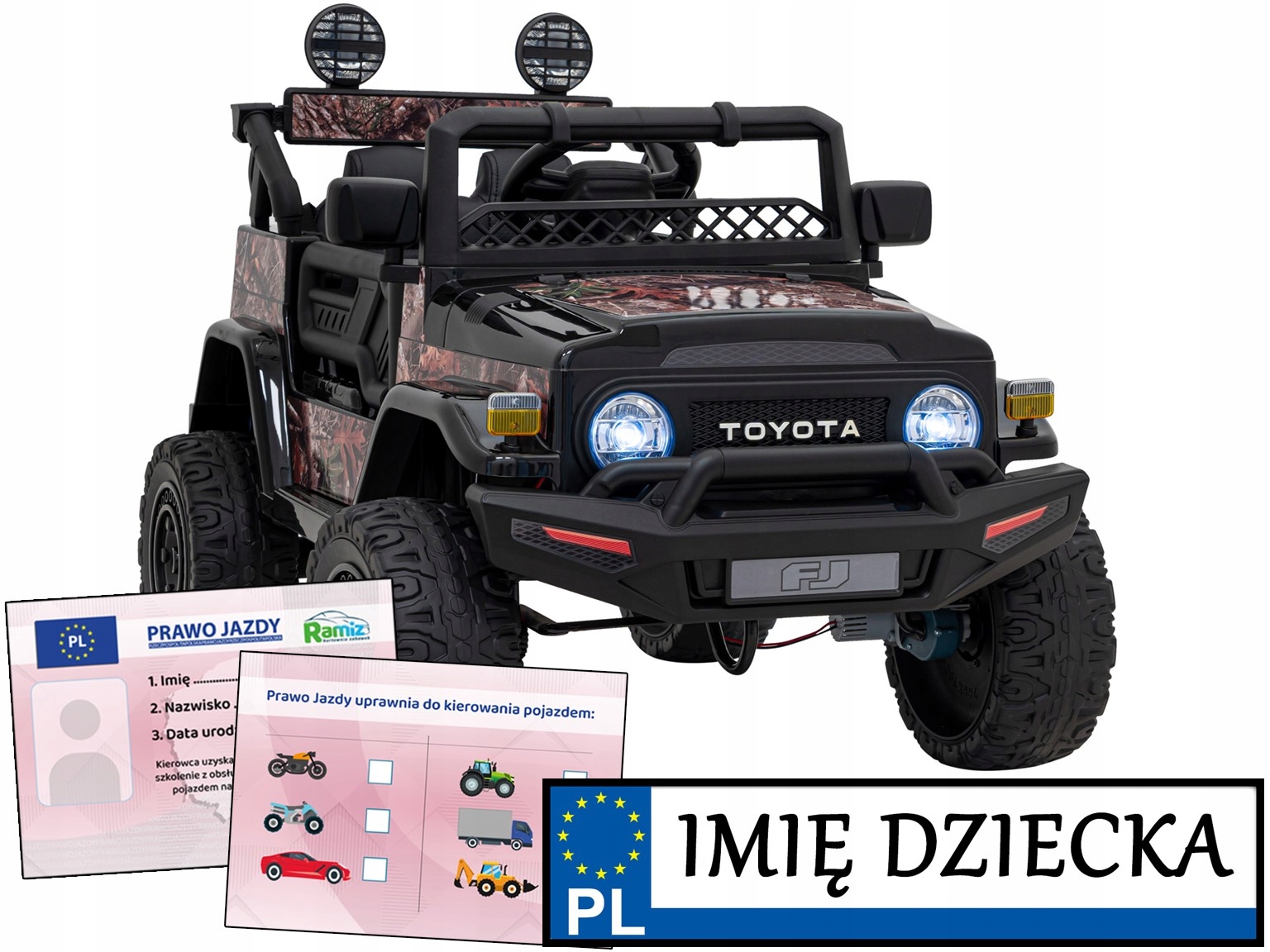 Samochód na akumulator Toyota Fj cruiser pilot Prawo Jazdy tablica imienna