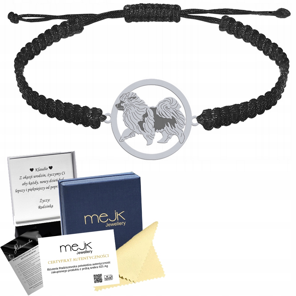 Stříbrný náramek se psem Vlčí špic 925 Šperky Makramé Gravírování Bonus