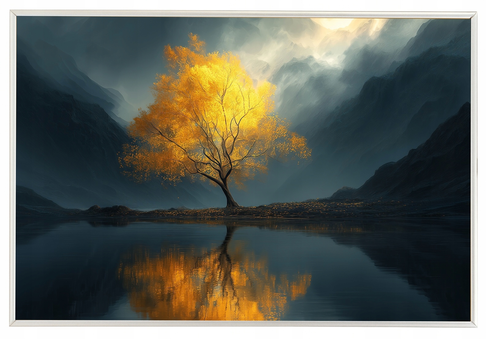 Plakát Rámeček Rámem Zlatý Strom Hora Jezero Mlha Odrezek 60x40