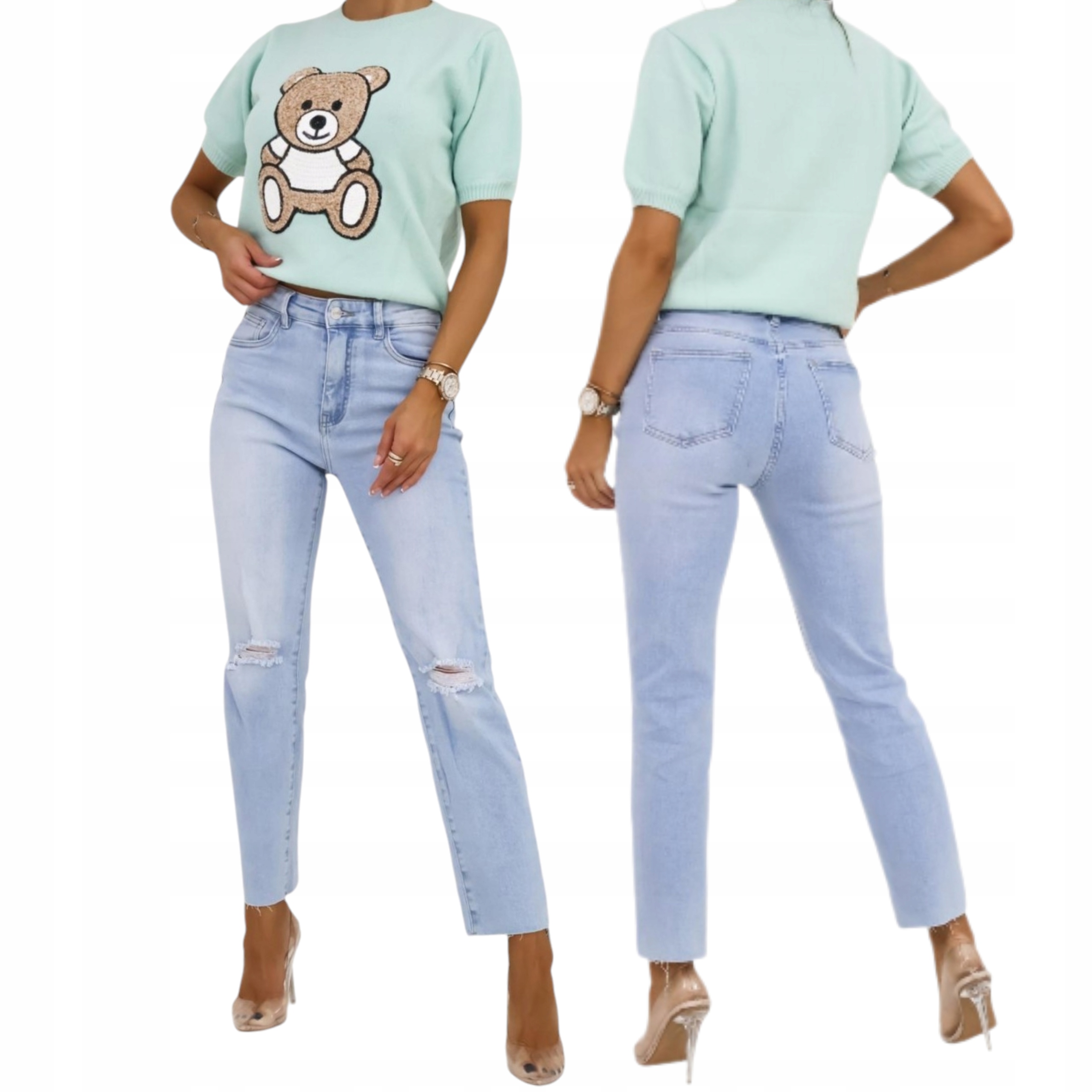 Módní Džínové Kalhoty Typu Mom Fit S Dírami, Modré Džíny vel. M 38