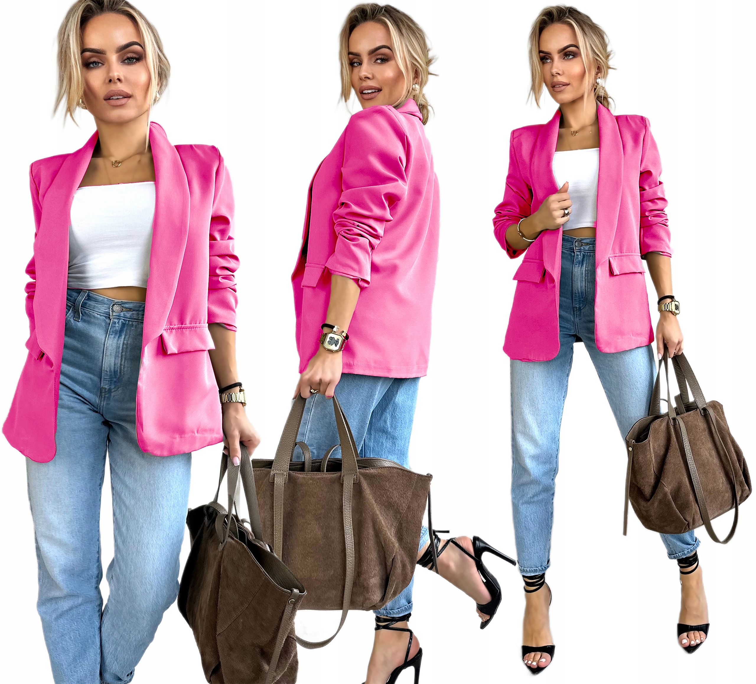 Cukierkowa Marynarka Damska Żakiet drapowane rękawy 48 Plus Size