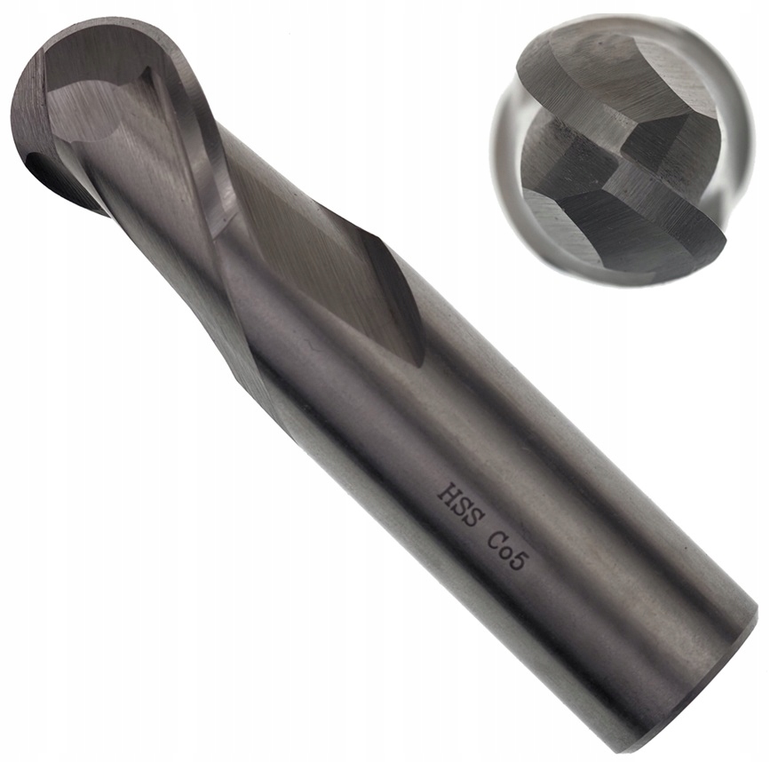 Frez 2 piórowy NFPg palcowy fi 16 mm kulowy R8 Hss Co5% kobaltowy DIN327