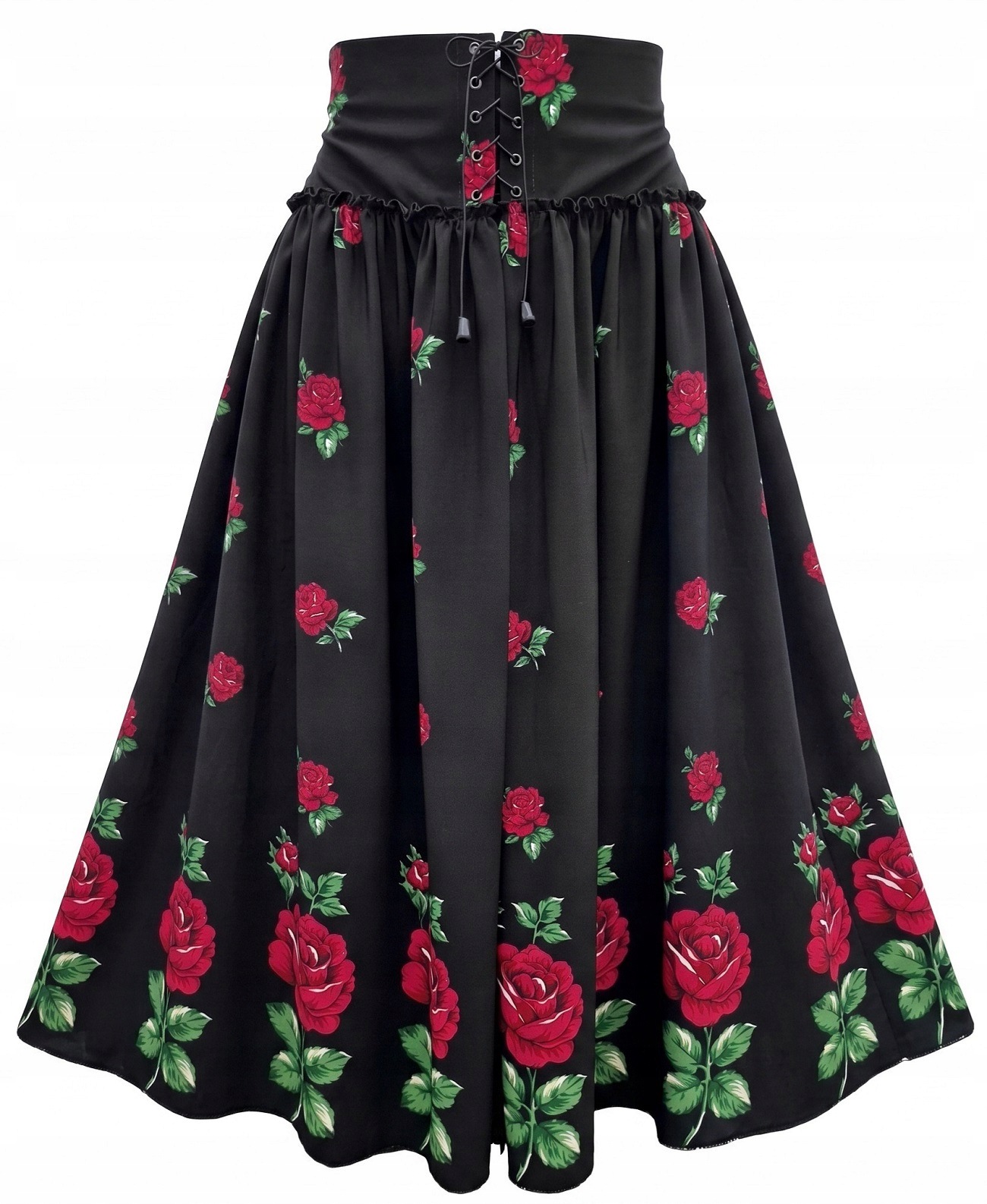Regionální vzdušná Černá Sukně Lidová Dlouhá Květy Růže FolkStyle *M*