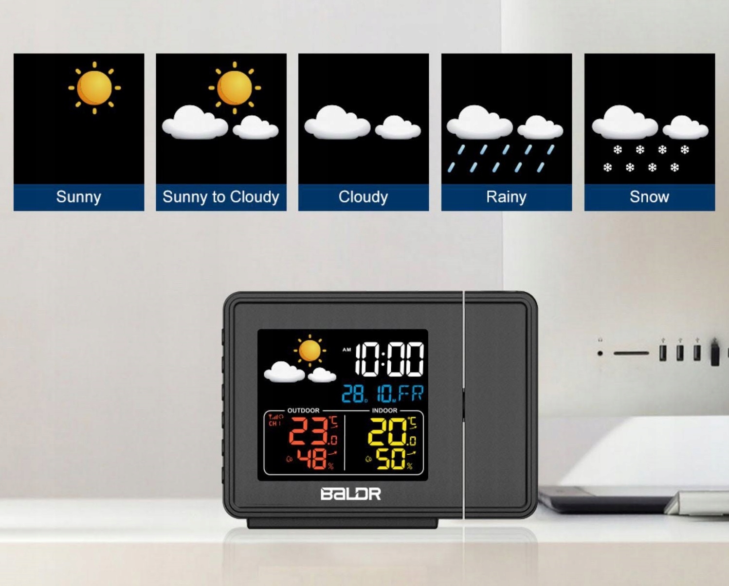 Stacja Pogodowa Czujnik Higrometr Budzik PROJEKTOR Czasu na Suficie Model Anytech.pl B0367WST