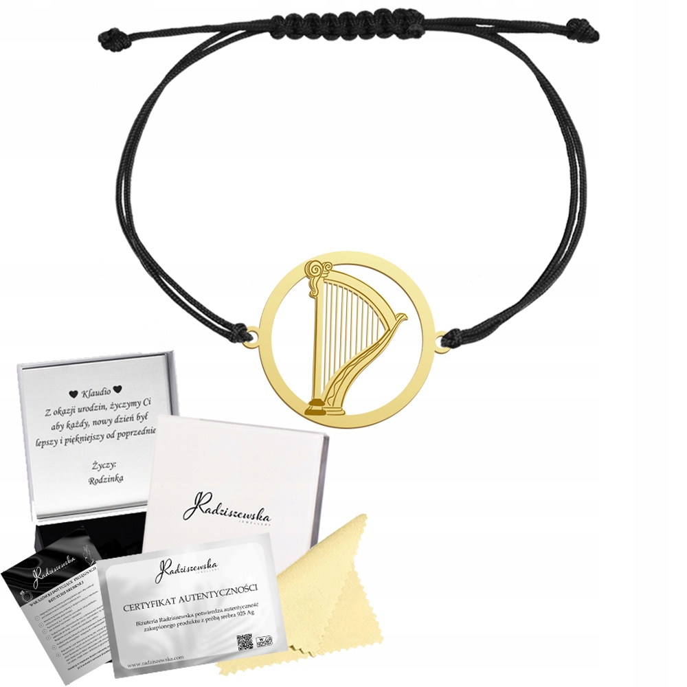Zlatý náramek Harfa 925 Dárek Šňůrka Šperky Gravírování Bonus