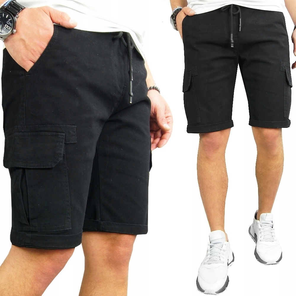 Spodenki męskie Jeansowe Bojówki krótkie spodnie Pas z Gumką czarne r. M