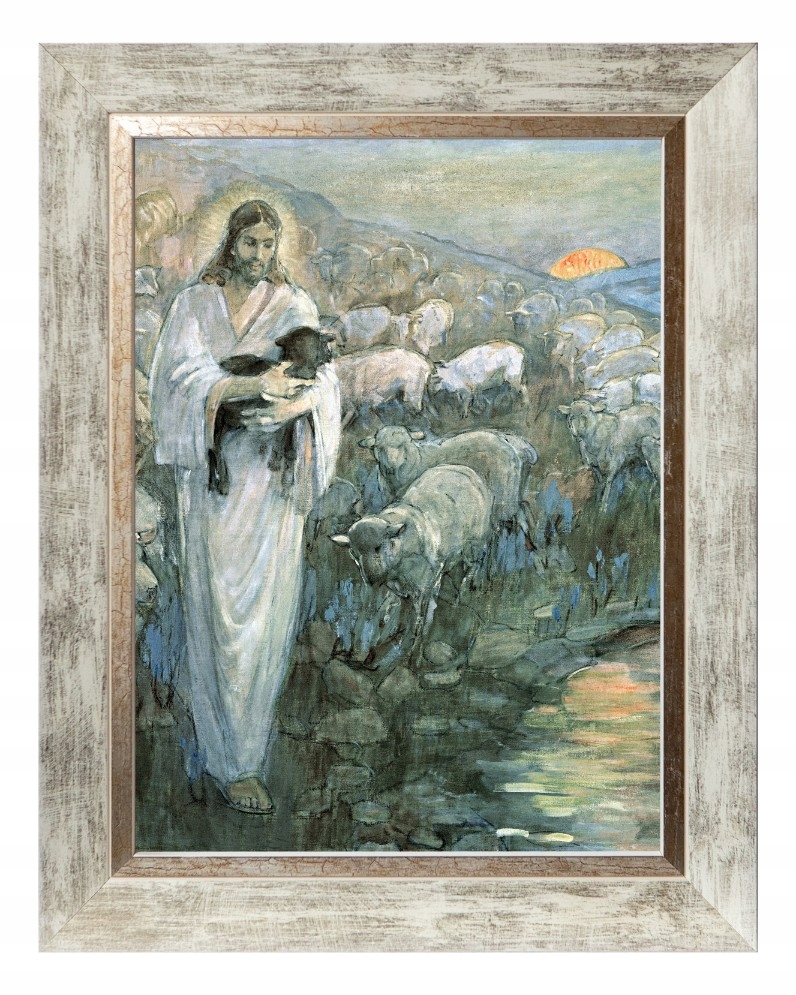 Ježíš Je Dobrý Pastýř Náboženský Obraz Na Plátně V Bílém Rámu 30X40