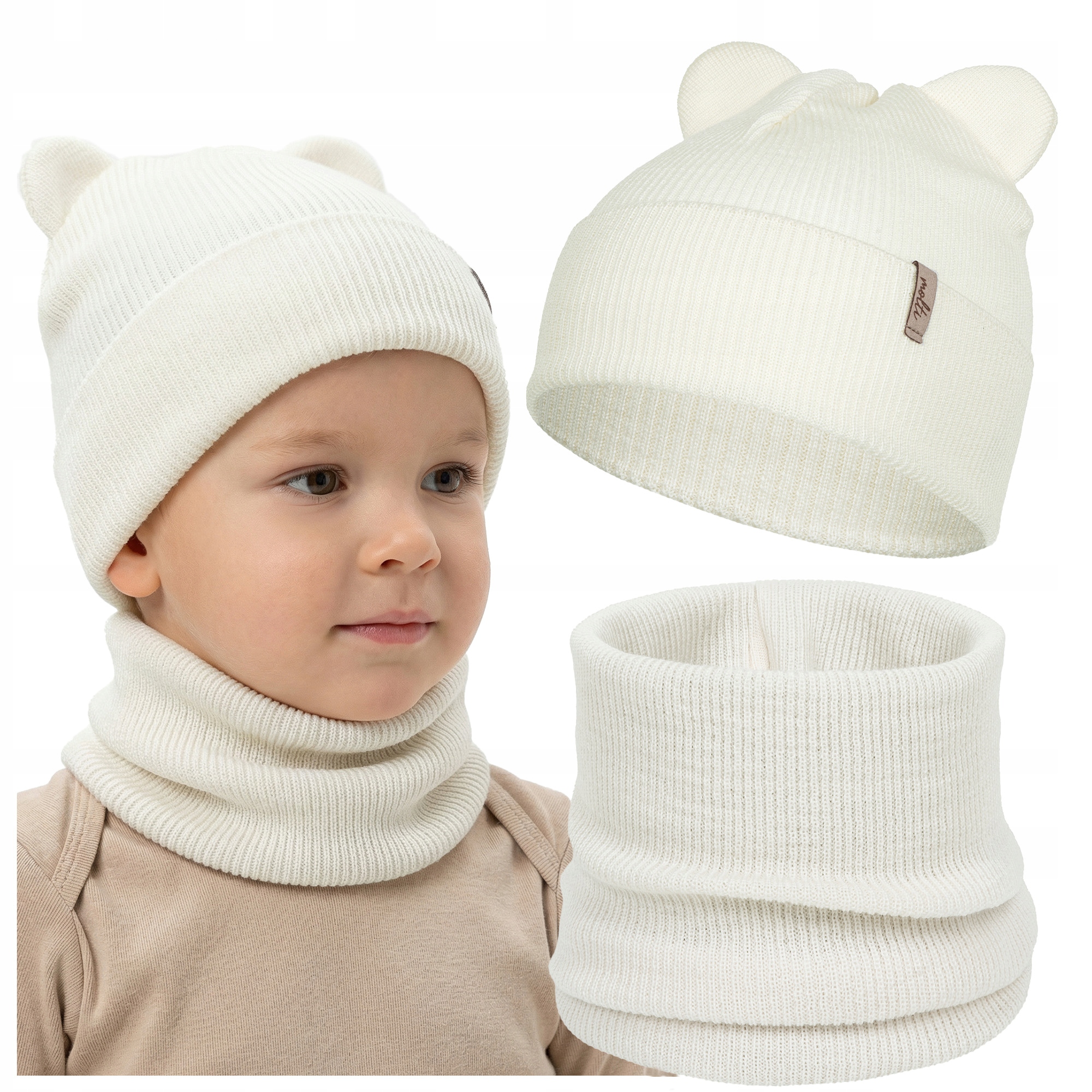 Czapka Komin Komplet wiosenny prążek Wełna Merino oddychający z uszkami