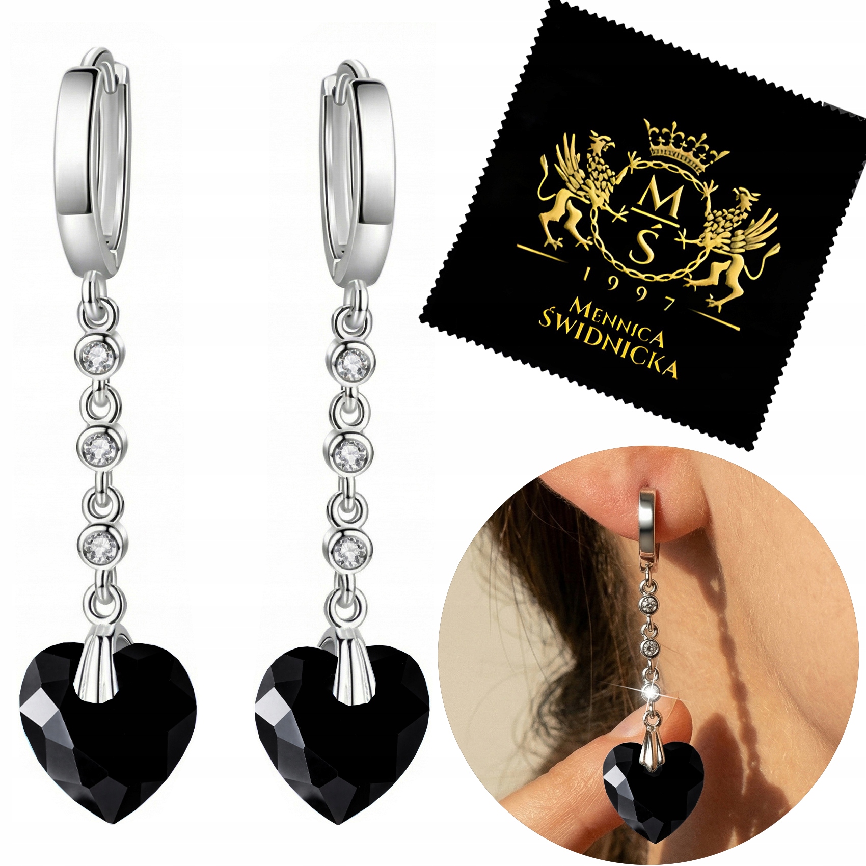 Dlouhé Náušnice Stříbro 925 Srdce Závěsné Zirkony Srdce Anglické zapínání