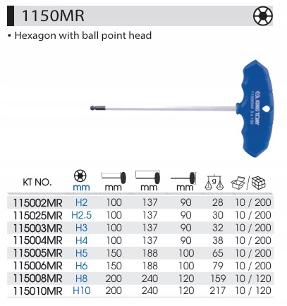 KLUCZ IMBUS DŁUGI HEX Z KULKĄ 3mm x100mm H3 typ "T" KING TONY 115003MR Marka King Tony