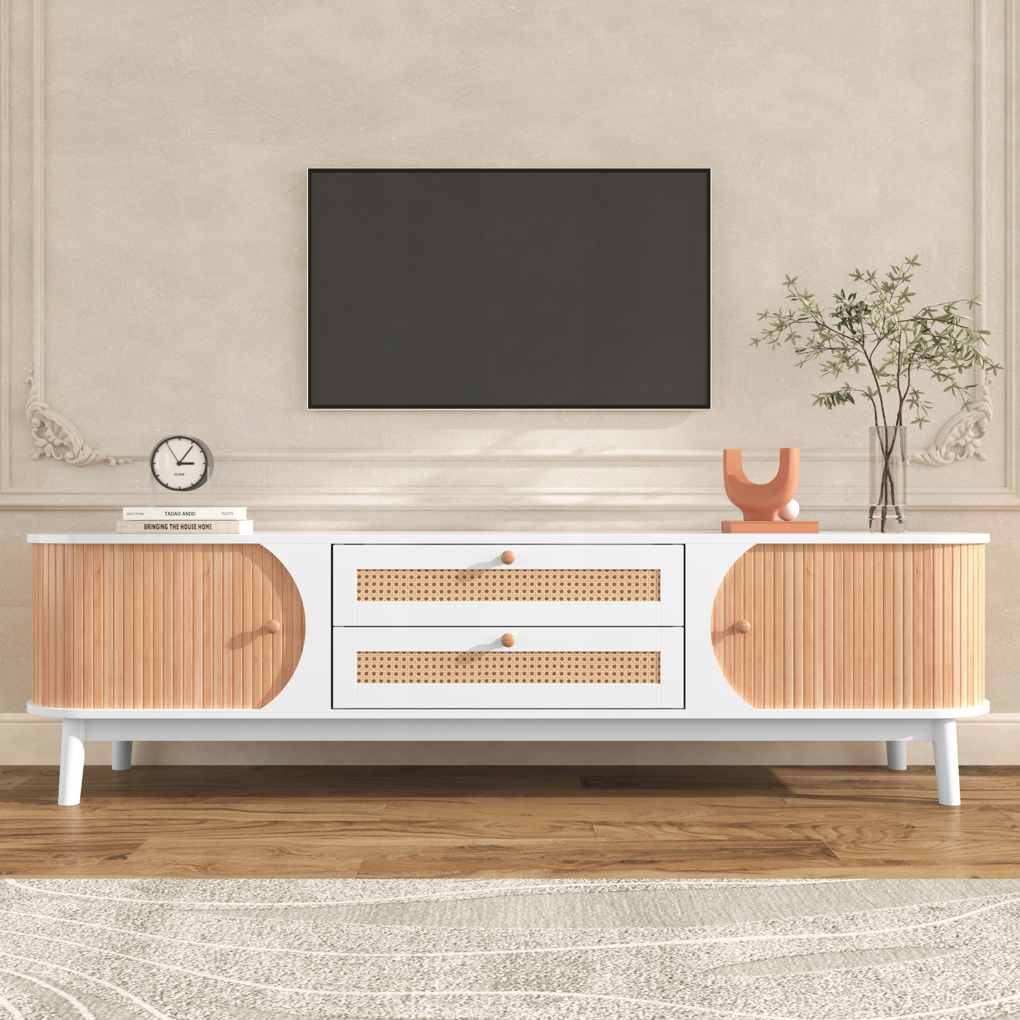 Rtv skříňka s dveřmi a zásuvkami z ratanu 170x39,5x46 cm