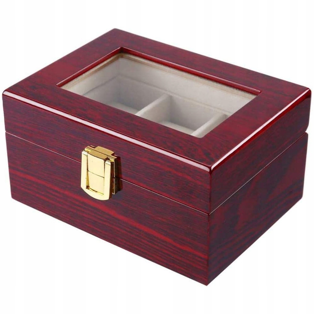 Medinė laikrodžių dėžutė 3 laikrodžiams su stikliniu dangteliu, su užraktu raudona 16,5 x 11 x 8,5 cm – produkto nuotrauka 1