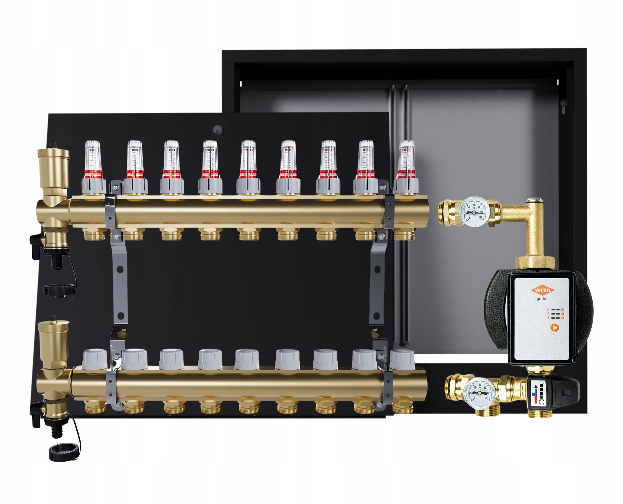 Rozdělovač pro podlahu 9 okruhů s čerpací skupinou Wita nástěnná skříňka