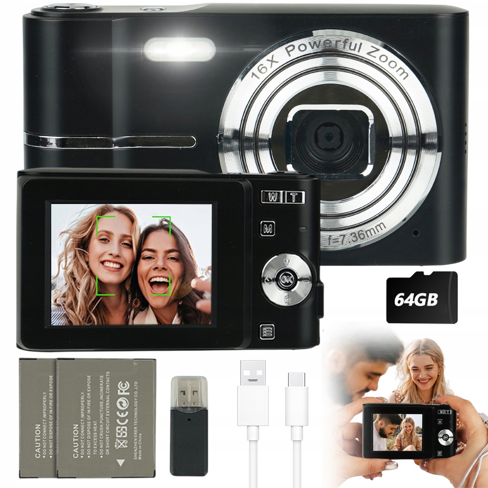 Digitální Retro Fotoaparát 2,4" 50MP 16X Přenosný CCD S Bleskem 2 Baterie