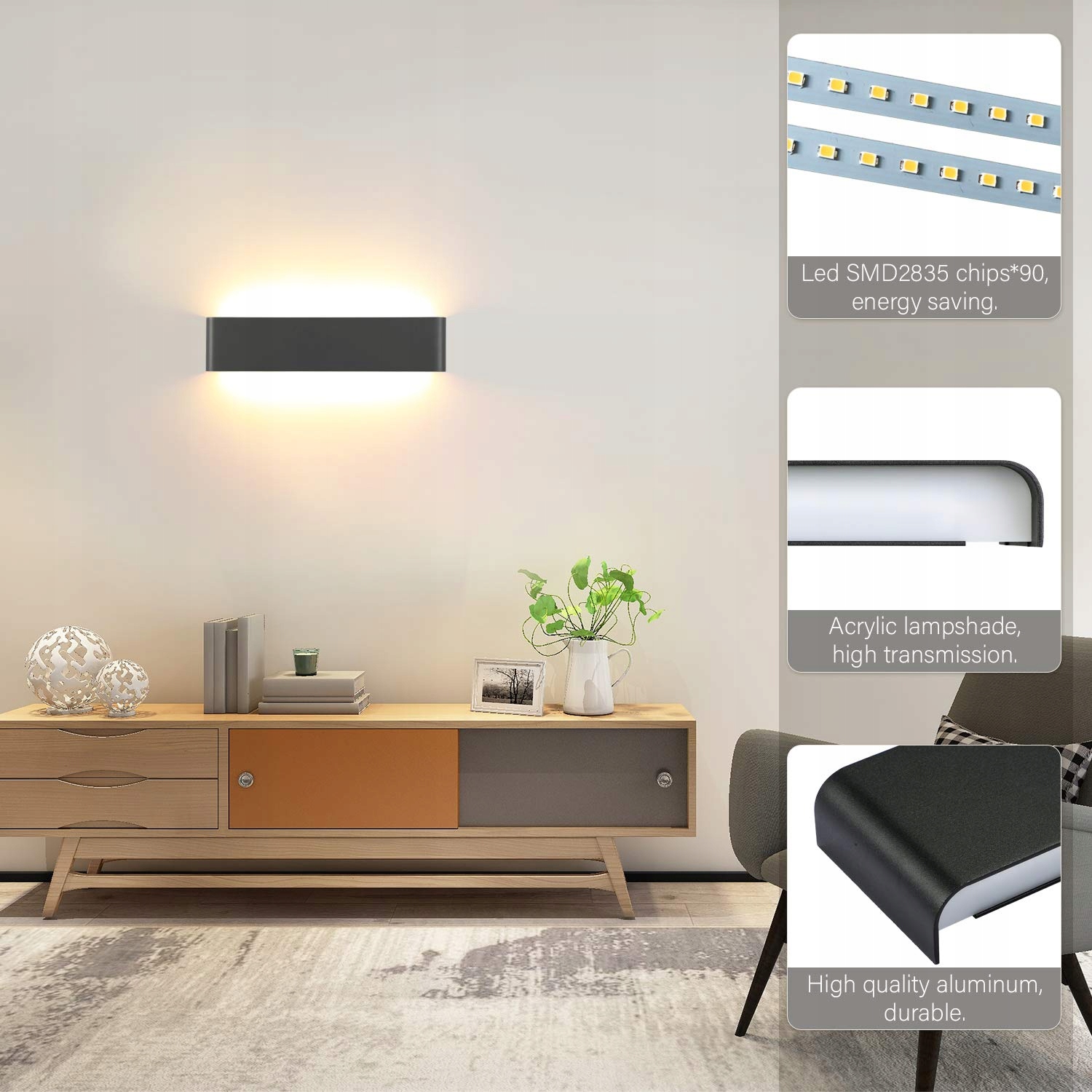 LIGHTESS Lampa Ścienna LED 18W Czarna 40CM Do Salonu i Sypialni IP44 — miniatura 2