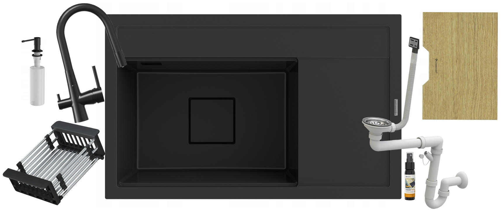 Čierny granitový drez Rendo Set batéria do filtra odkvapkávacia doska umývacia doska