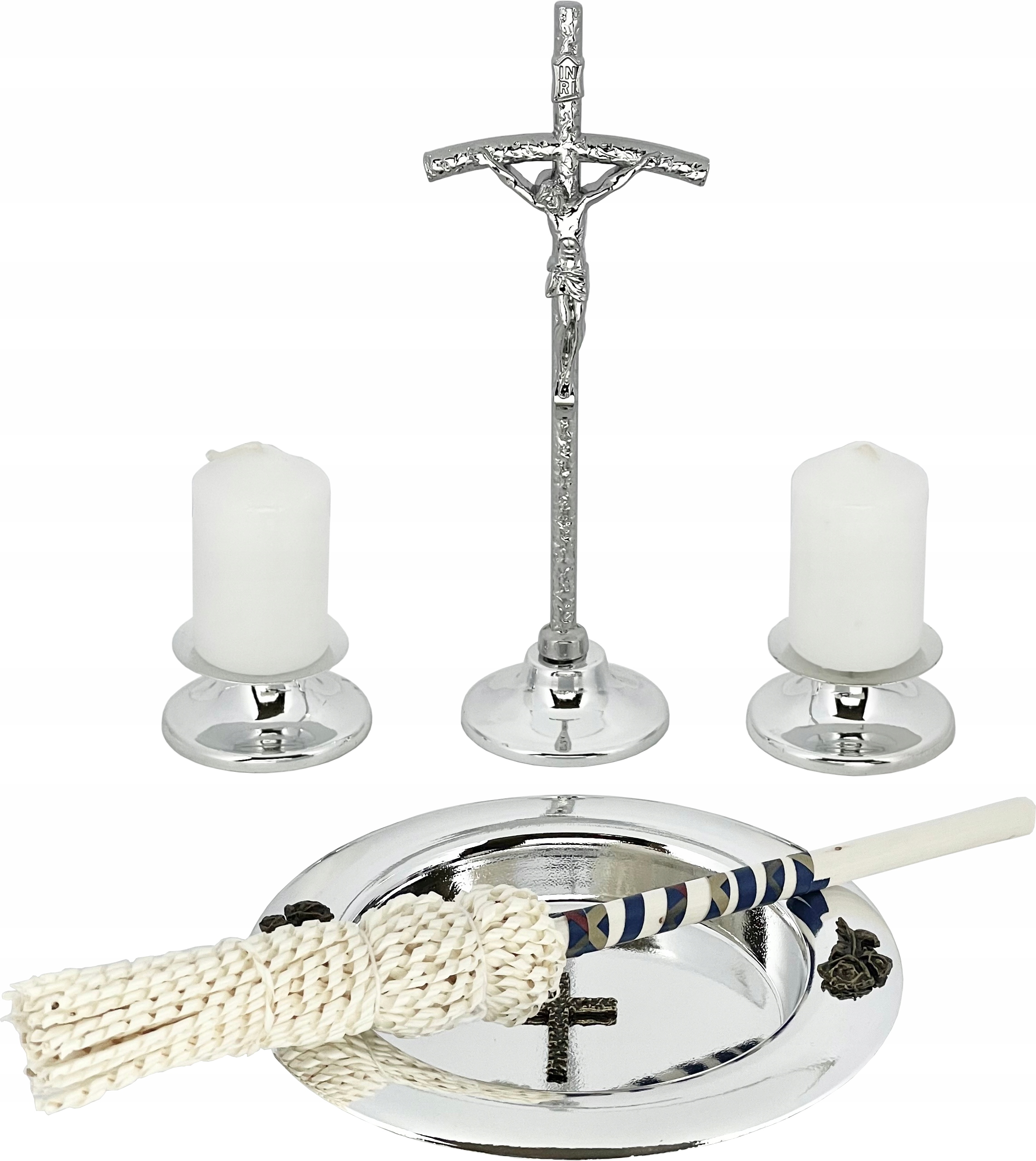 Koledový Set Stříbrný Set Pruhovaný Kříž Papežský Svícen Miska