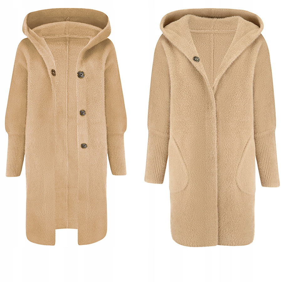 Ciepła Alpaka Płaszcz Narzutka Wełna Jasny Camel