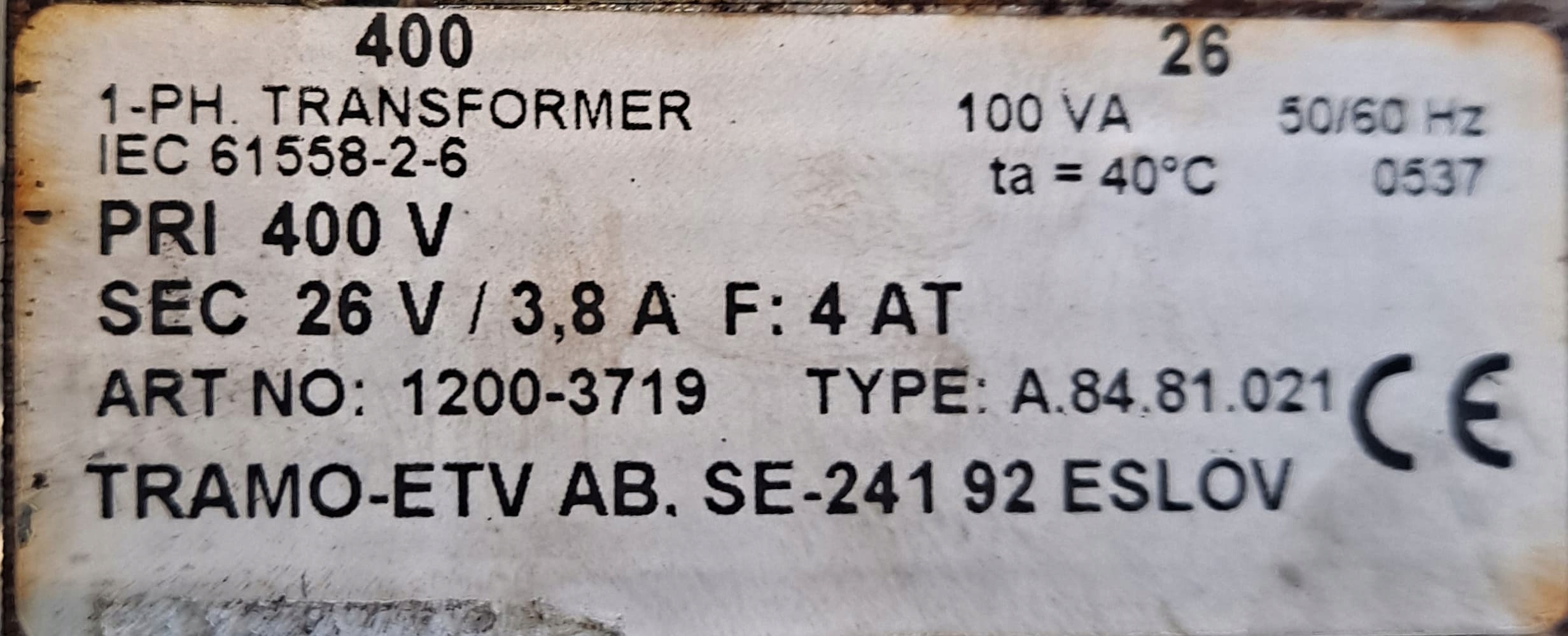 AGREGAT HULTSTEINS TRANSFORMATOR 400V 100VA Part number 1200 3719