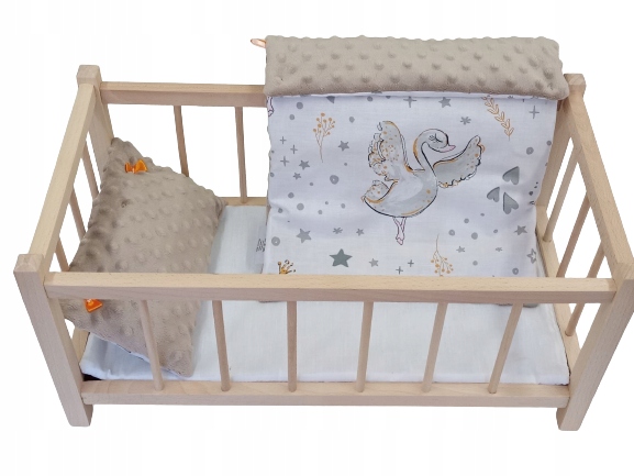 DREWNIANE ŁÓŻECZKO DLA LALEK LALKI + POŚCIEL MINKY