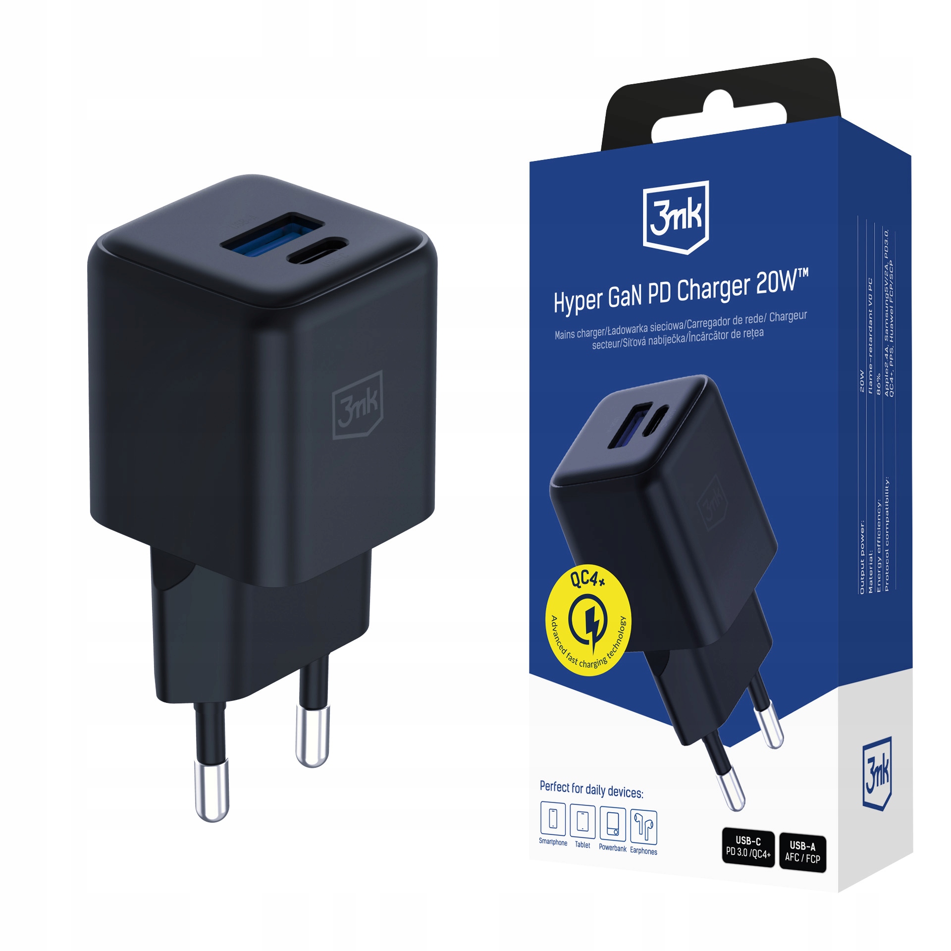 Ładowarka sieciowa 3mk Hyper GaN Charger 20W QC4+ Pd Pps Usb-c Usb-a Black