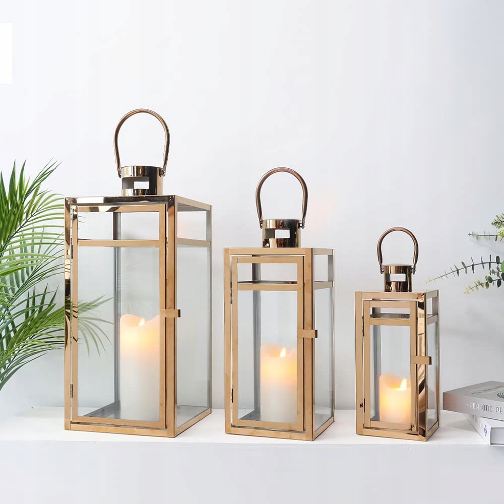 Trirocks Set of 3 Stainless Steel Candle Lanterns 48 cm 38 cm 30 cm (Gold)