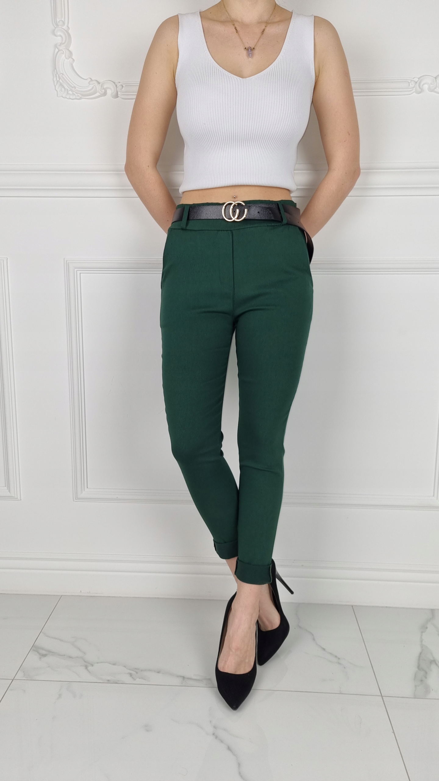 #ELASTYCZNE - SPODNIE - DAMSKIE - W GUMKĘ - PASEK# Stan (wysokość w pasie) średni