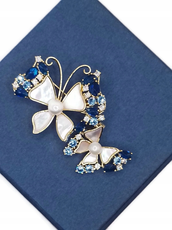 Luxusní Brož Motýl Modrý Zlatý 14K Gp Krabička Jako Dárek