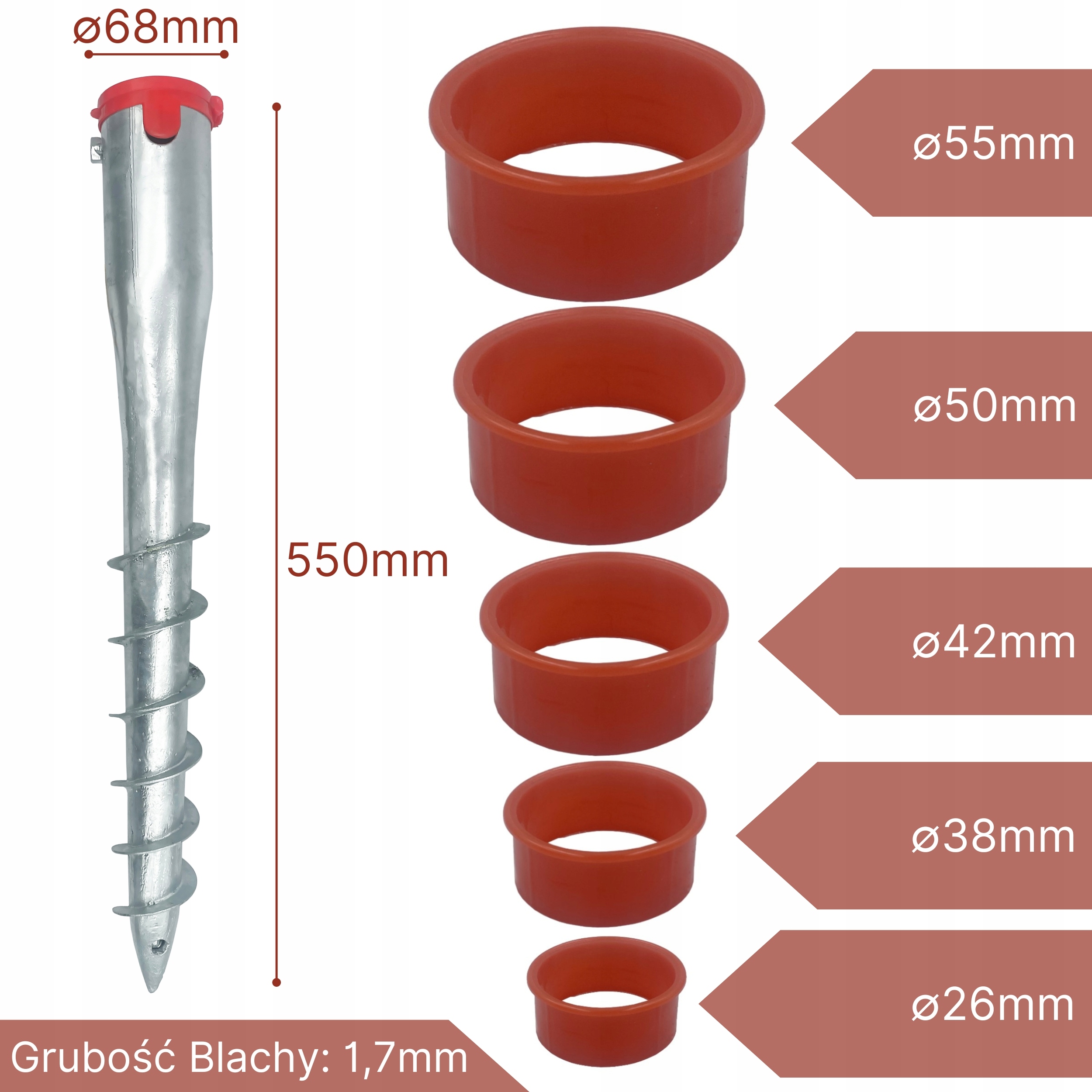 PODSTAWA KOTWA WKRĘCANA DO PARASOLA ŚWIDER OCYNK Z REDUKCJAMI 550X68MM Kod producenta KOTWA DO PARASOLA ŚWIDER OCYNK 550X68 MM