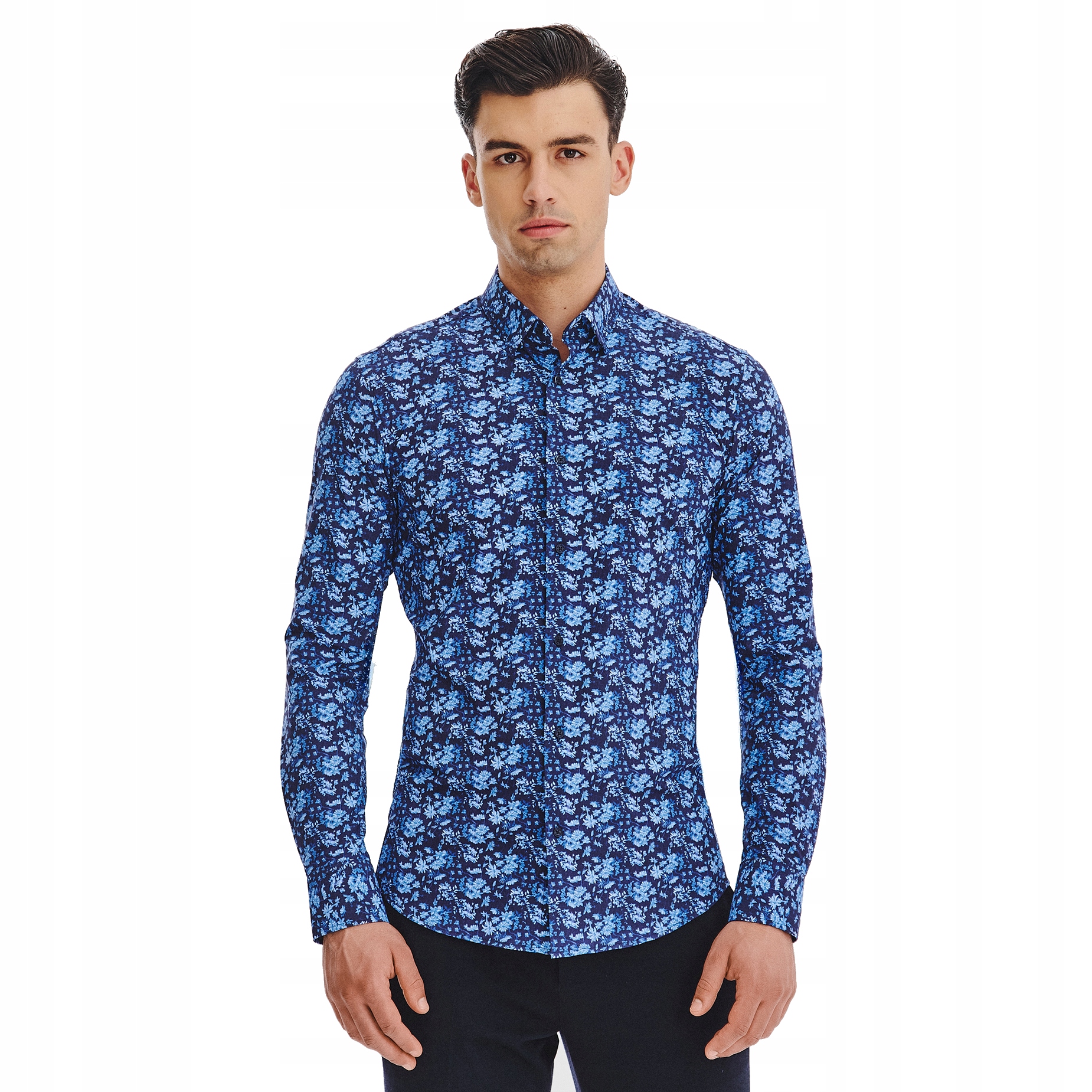 Tmavě modrá pánská košile s květinami, elastická, Slim Fit Pako Lorente vel S