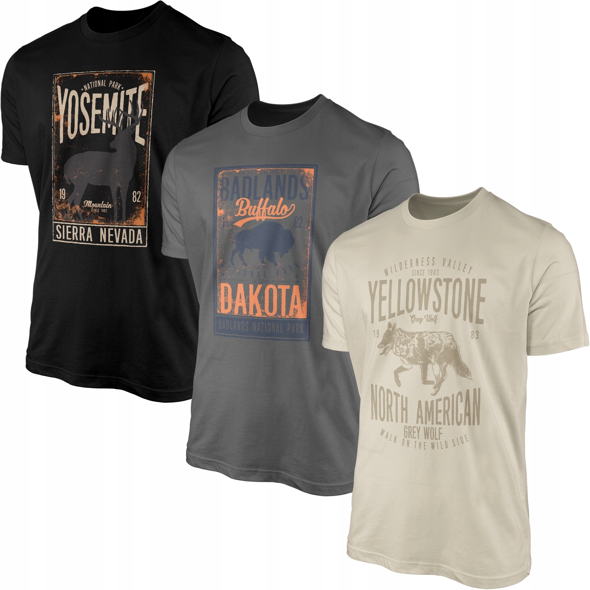 Pánské trička Yellowstone Liška Jelen Bizon Usa Park Sada triček 3ks