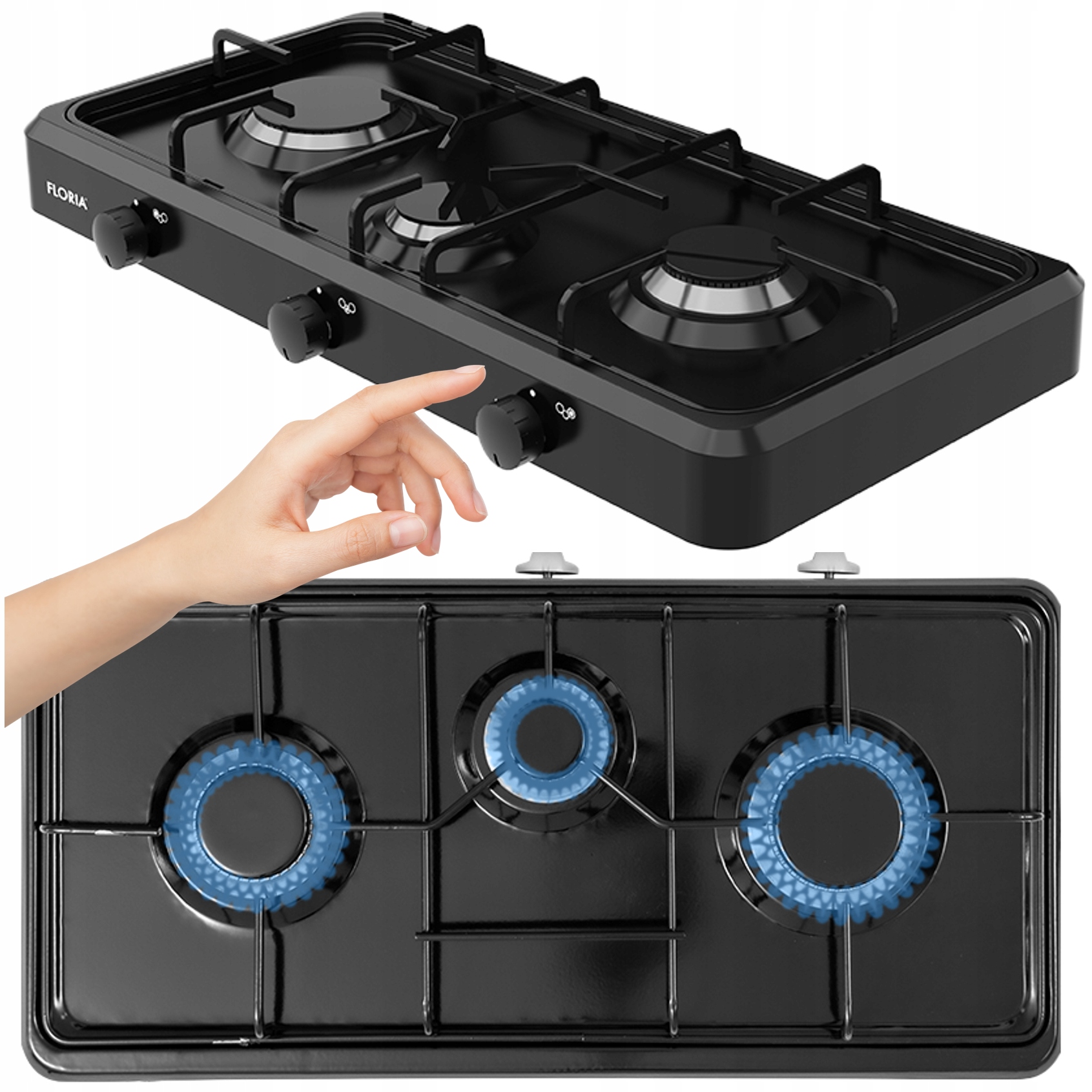 Přenosný Plynový Vařič, Černý, 3 Hořáky