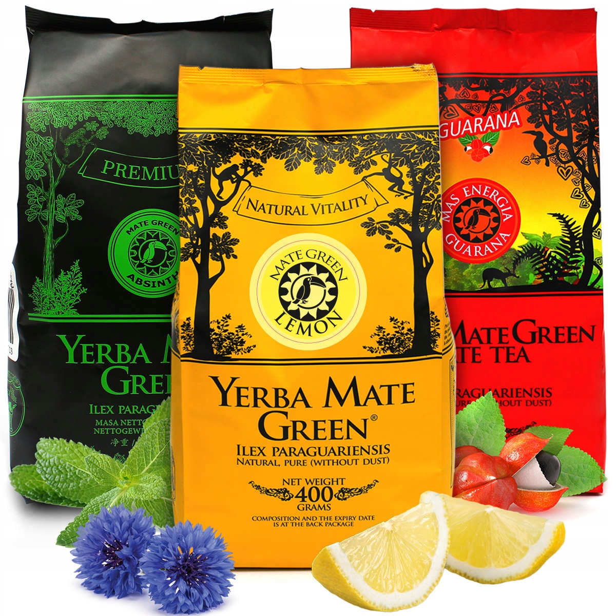 Sada Yerba Mate Green různé příchutě na start Lemon Guarana Absinth 3 x 400g