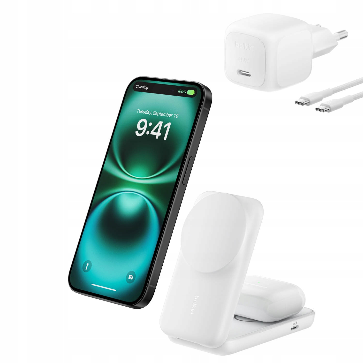 Belkin Magnetická nabíječka Qi2 25 W, skládací, 2v1, napájecí zdroj 45 W, bílá