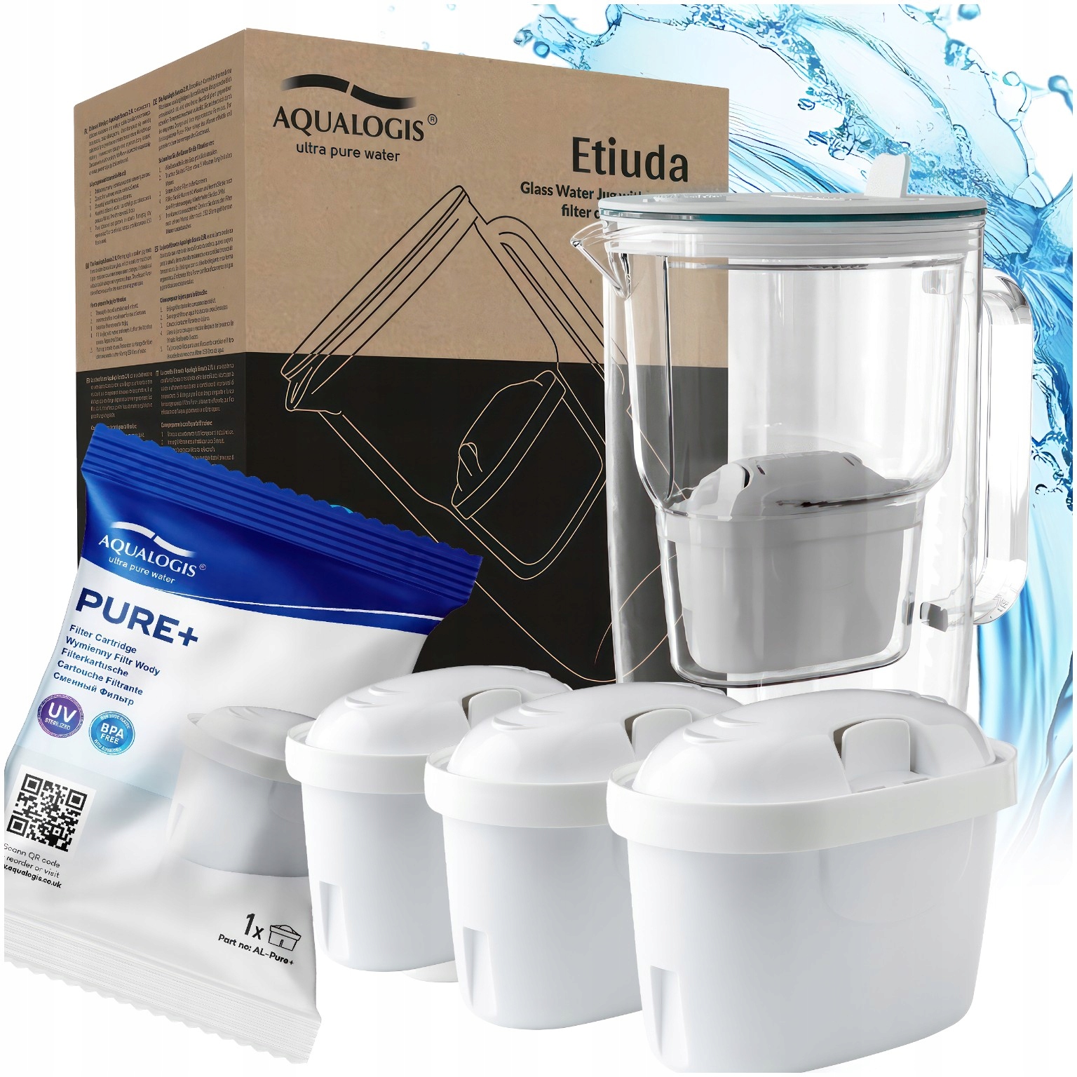 Dzbanek Filtrujący Szklany 3 Wkłady Filtry Do Wody Pure+ Biały 2.9L