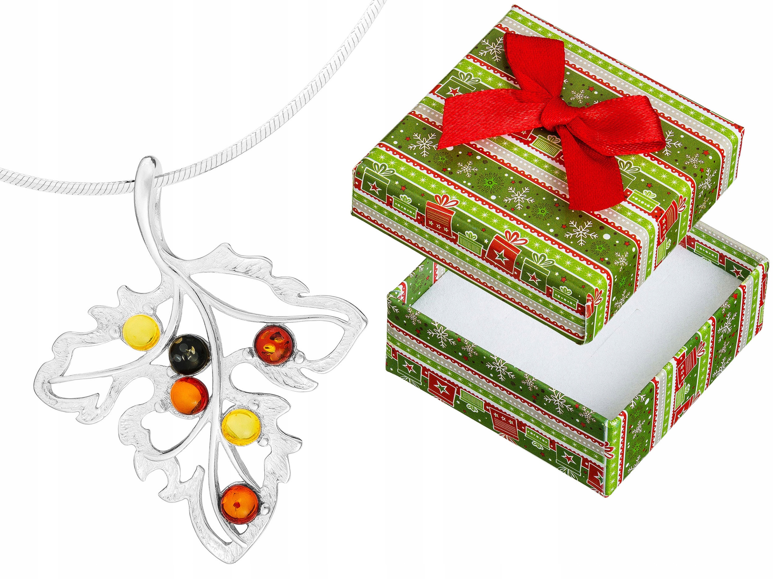 Dlouhý stříbrný dámský barevný náhrdelník s listy jantaru a lístkem Stříbro 90