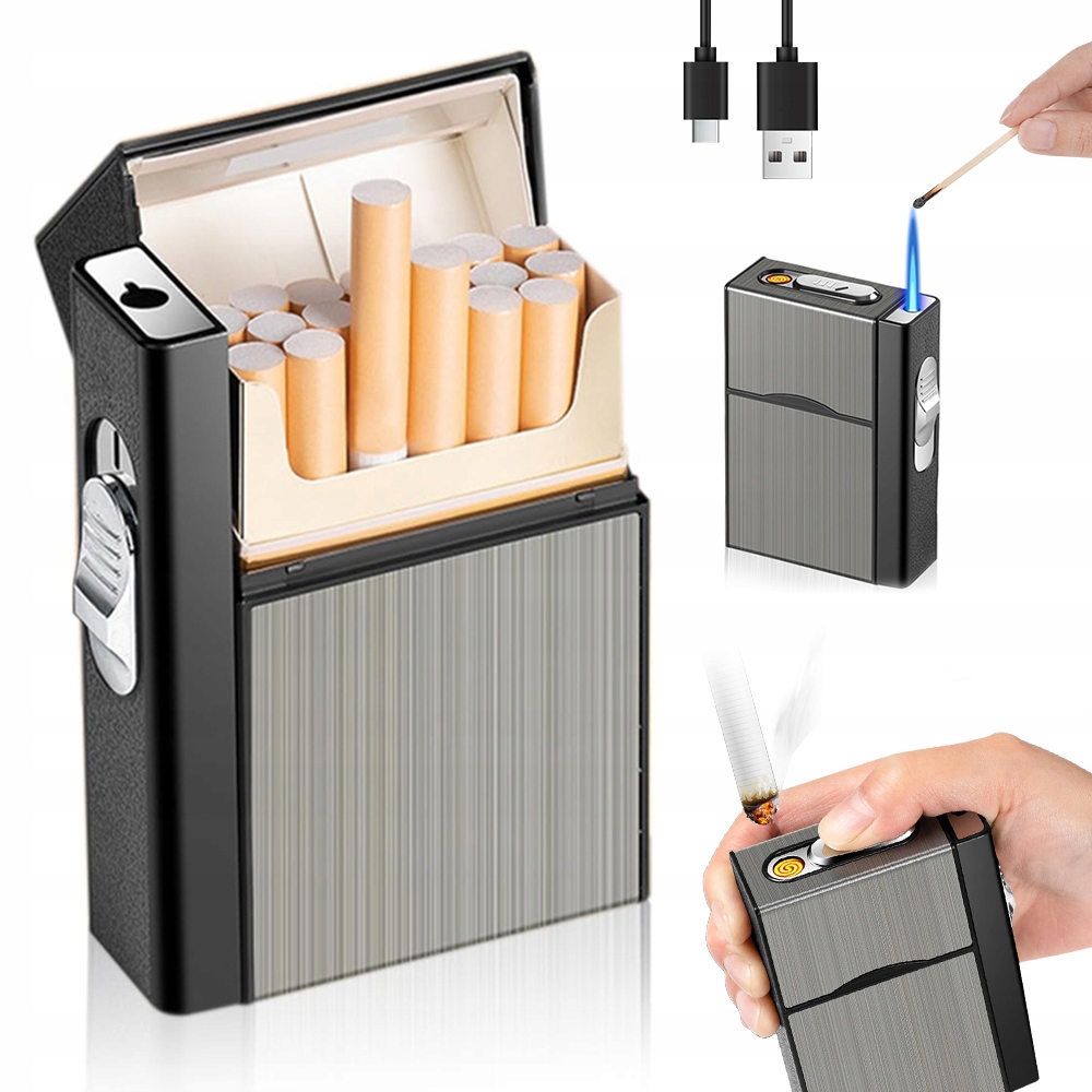 PAPIEROŚNICA Z ZAPALNICZKĄ 2W1 POMIEŚCI 20 PAPIEROSÓW GAZOWO / ELEKTRYCZNA